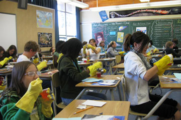 Students eating jello at a training session Students training for an intergenerational program